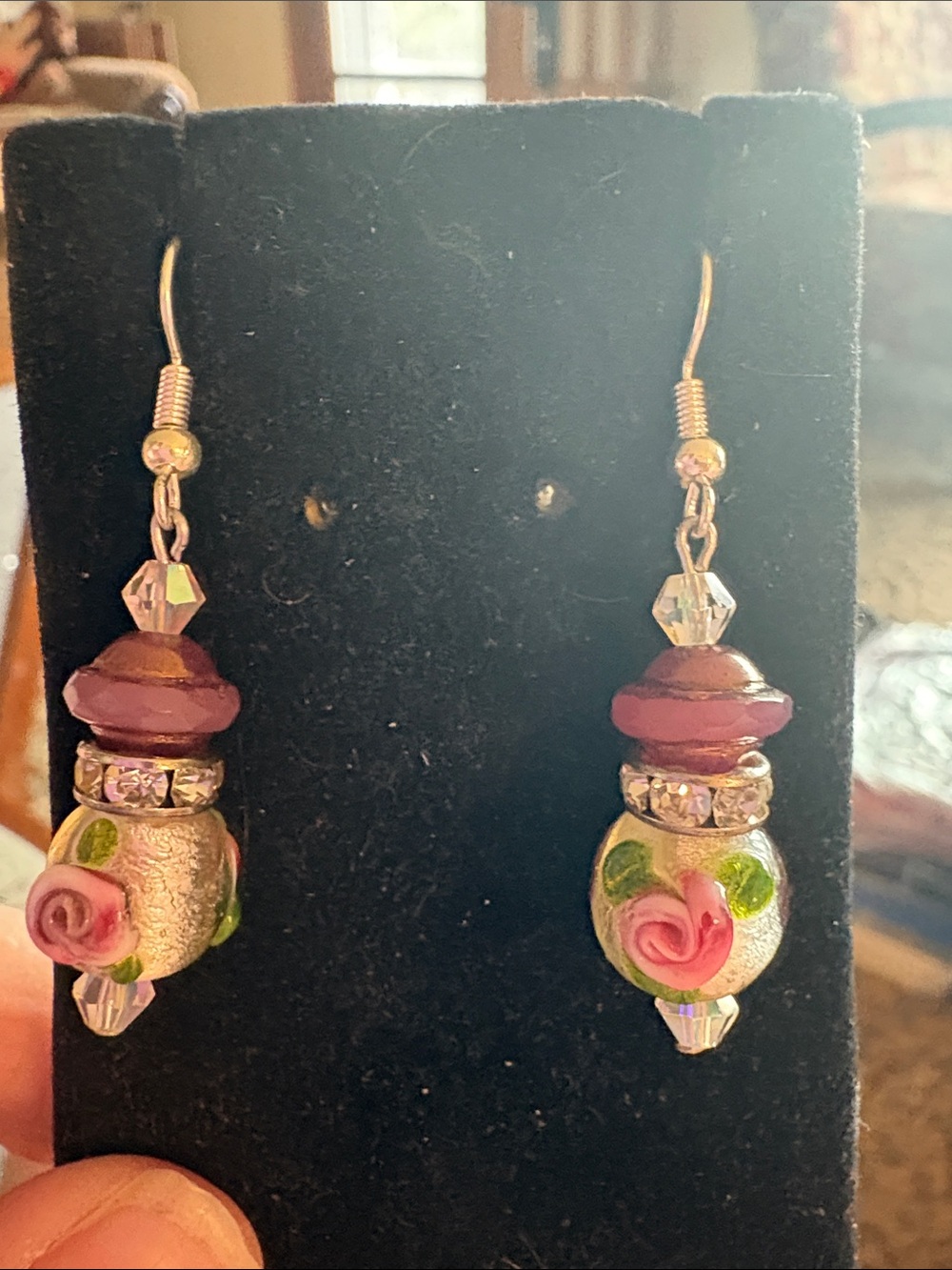 Hand Crafted Pink Rose Lampwork Drop Earrings with Green Accents